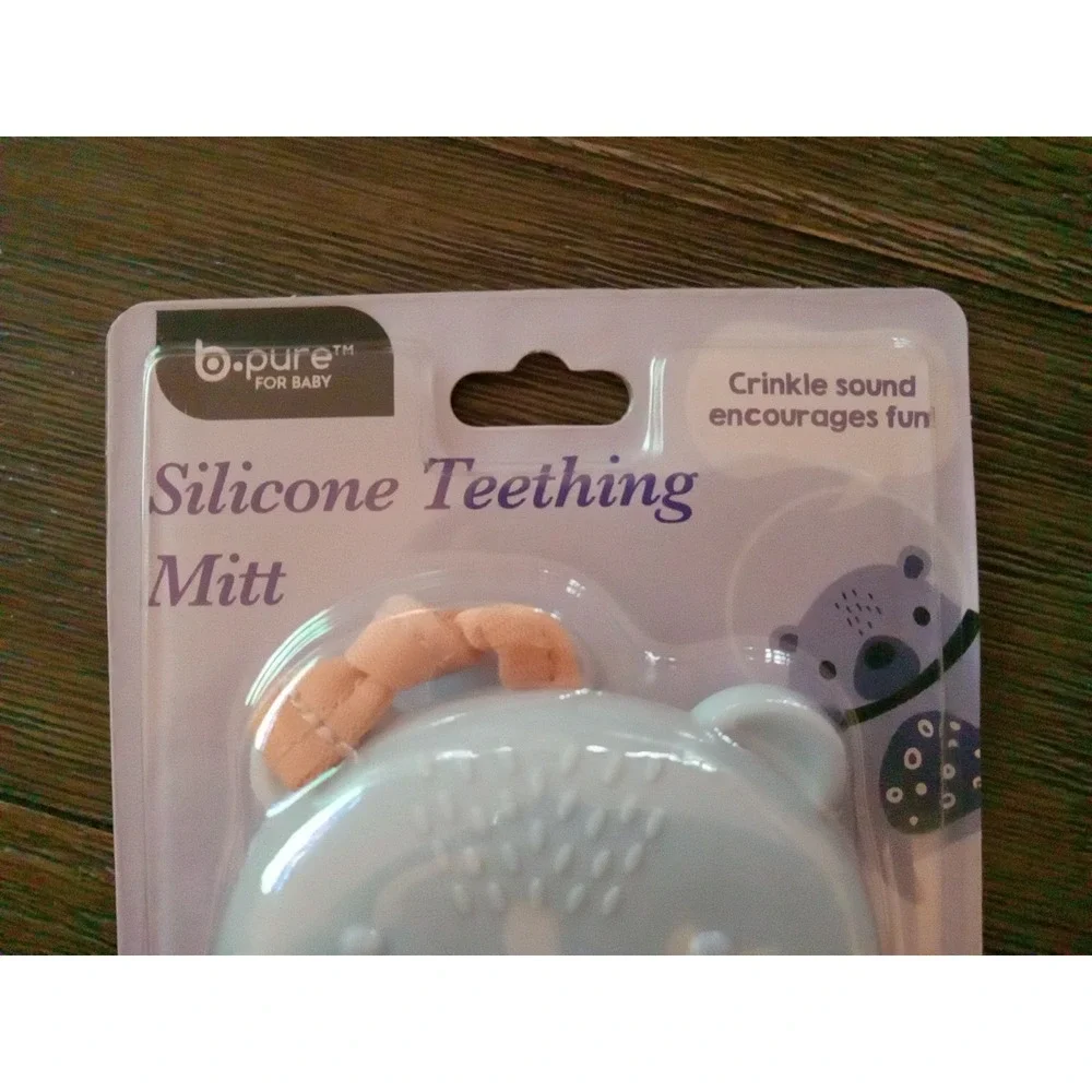 b-Pure for baby Silicone Teething Mitten, 0-18 Months, Blue/White NIP